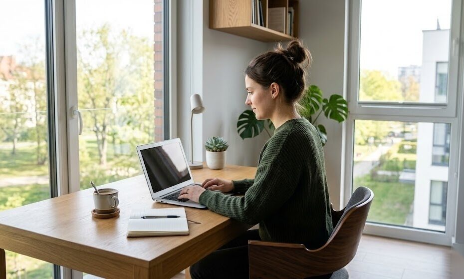 Person arbeitet im Homeoffice an einem hellen Schreibtisch und kann die Homeoffice-Pauschale steuerlich absetzen