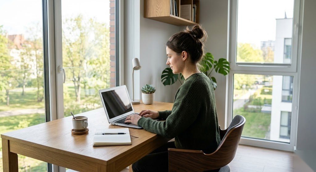 Person arbeitet im Homeoffice an einem hellen Schreibtisch und kann die Homeoffice-Pauschale steuerlich absetzen