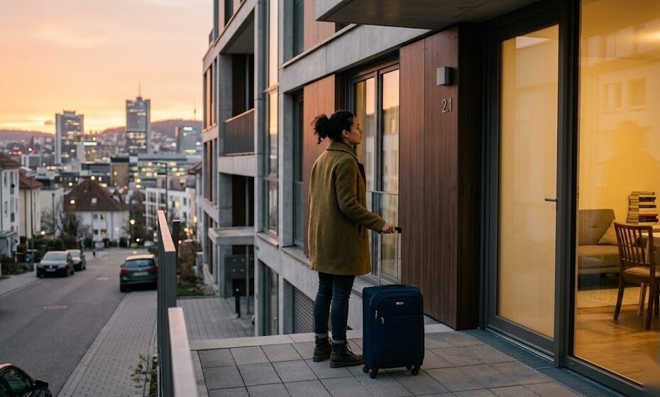 Person mit Koffer vor einer Zweitwohnung am Arbeitsort als Symbol für doppelte Haushaltsführung in Deutschland