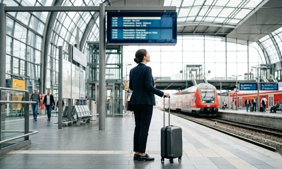 Arbeitnehmer mit Koffer am Bahnhof auf dem Weg zu einer beruflichen Dienstreise in Deutschland