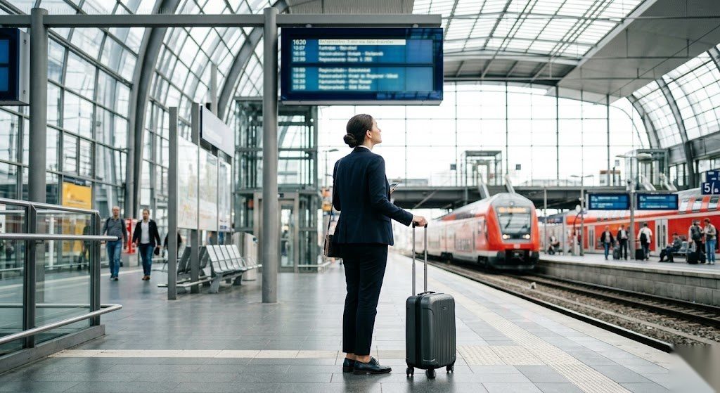 Arbeitnehmer mit Koffer am Bahnhof auf dem Weg zu einer beruflichen Dienstreise in Deutschland