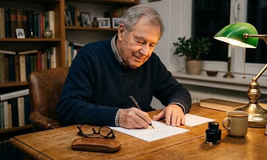 Person schreibt ihr Testament handschriftlich an einem ruhigen Schreibtisch in Deutschland