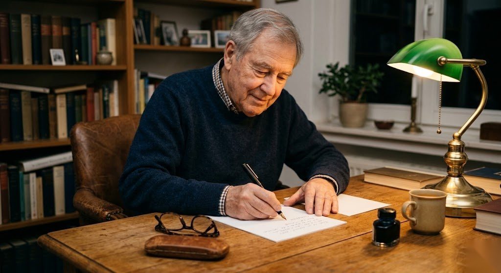 Person schreibt ihr Testament handschriftlich an einem ruhigen Schreibtisch in Deutschland