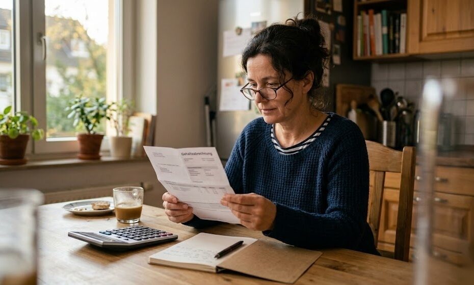 Person überprüft ihre Gehaltsabrechnung und berechnet den Unterschied zwischen Brutto und Netto in Deutschland