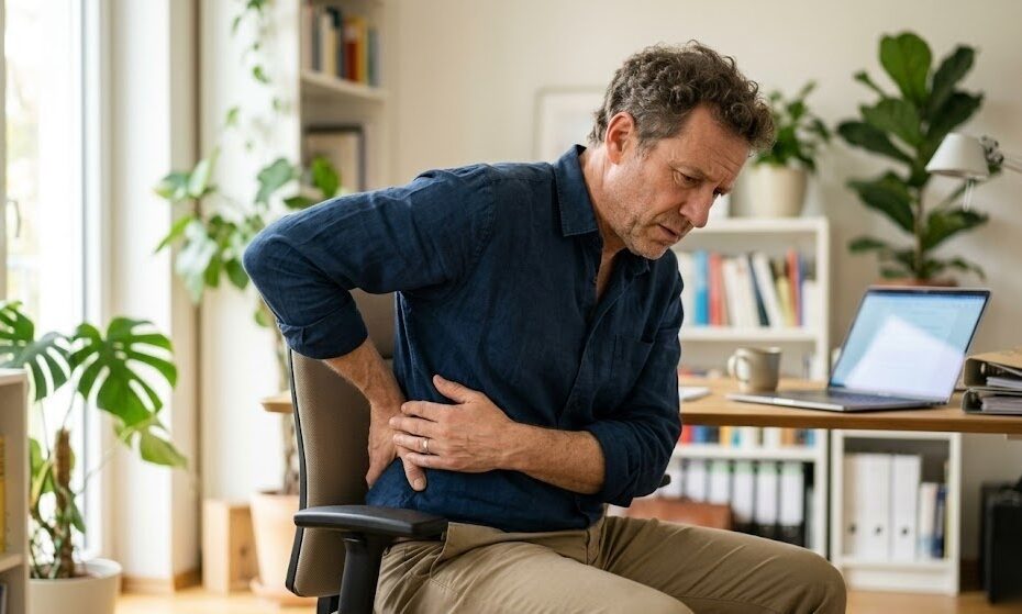 Person mit Rückenschmerzen am Arbeitsplatz als Symbol für das Risiko einer Berufsunfähigkeit in Deutschland