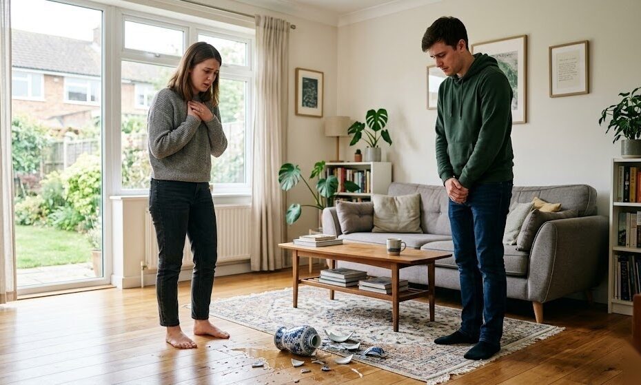 Person schaut auf einen versehentlich verursachten Schaden im Wohnzimmer als Symbol für die Notwendigkeit einer Haftpflichtversicherung in Deutschland