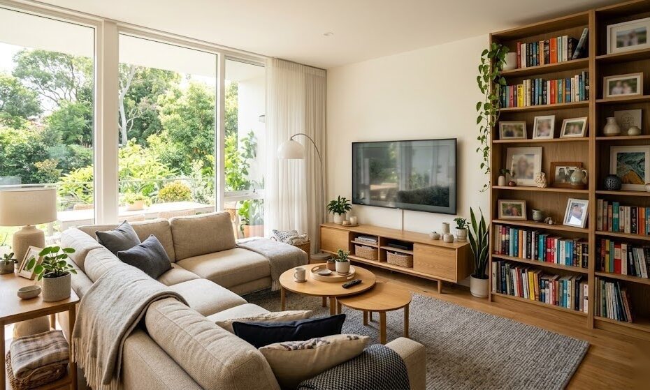 Gemütliches deutsches Wohnzimmer mit Einrichtungsgegenständen als Symbol für den Schutz durch eine Hausratversicherung