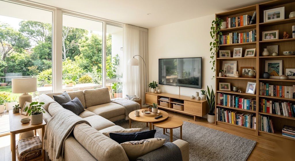 Gemütliches deutsches Wohnzimmer mit Einrichtungsgegenständen als Symbol für den Schutz durch eine Hausratversicherung