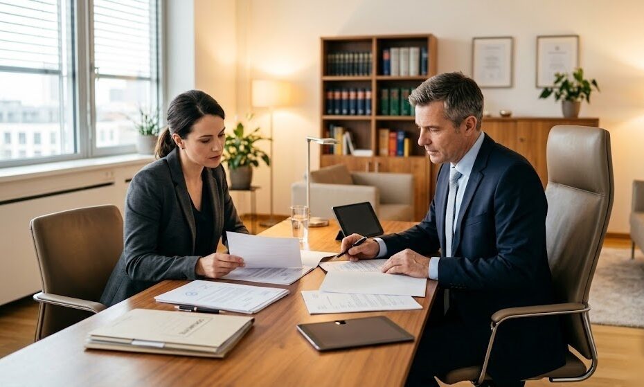 Person bespricht einen Rechtsstreit mit einem Anwalt in Deutschland als Symbol für die Notwendigkeit einer Rechtsschutzversicherung