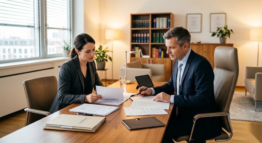 Person bespricht einen Rechtsstreit mit einem Anwalt in Deutschland als Symbol für die Notwendigkeit einer Rechtsschutzversicherung