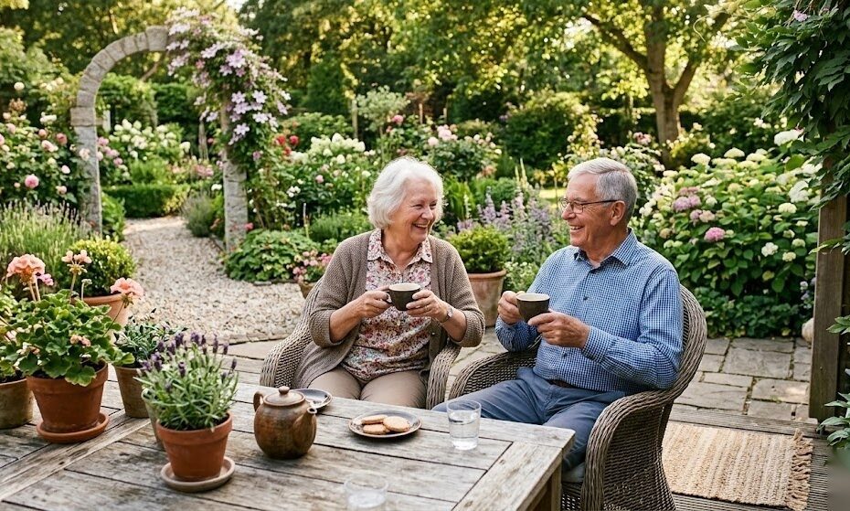 Rentnerehepaar sitzt entspannt auf der Terrasse als Symbol für eine gut geplante betriebliche Altersvorsorge in Deutschland