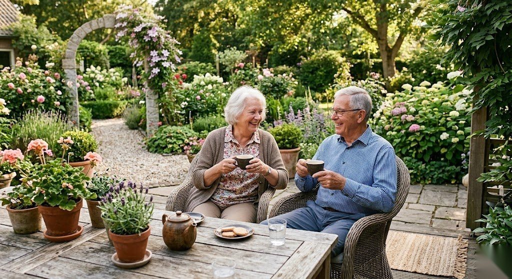 Rentnerehepaar sitzt entspannt auf der Terrasse als Symbol für eine gut geplante betriebliche Altersvorsorge in Deutschland