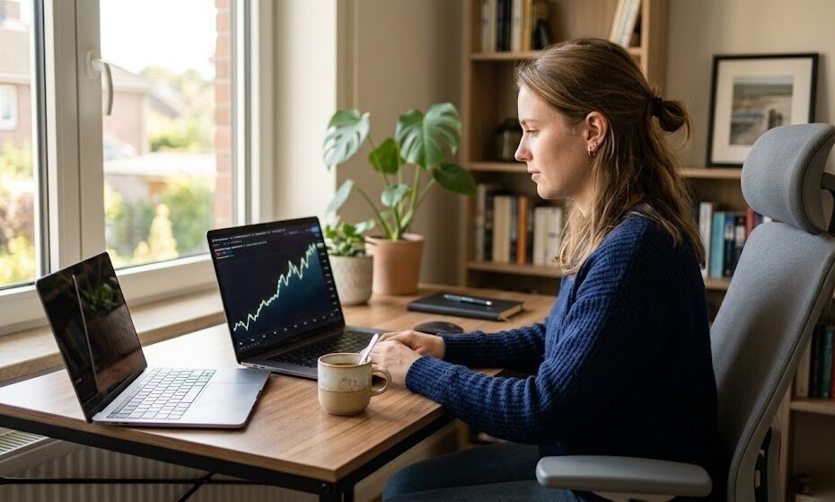 Person verfolgt die Entwicklung ihres ETF Sparplans am Laptop und baut langfristig Vermögen in Deutschland auf