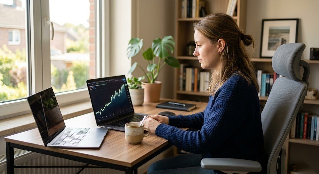 Person verfolgt die Entwicklung ihres ETF Sparplans am Laptop und baut langfristig Vermögen in Deutschland auf