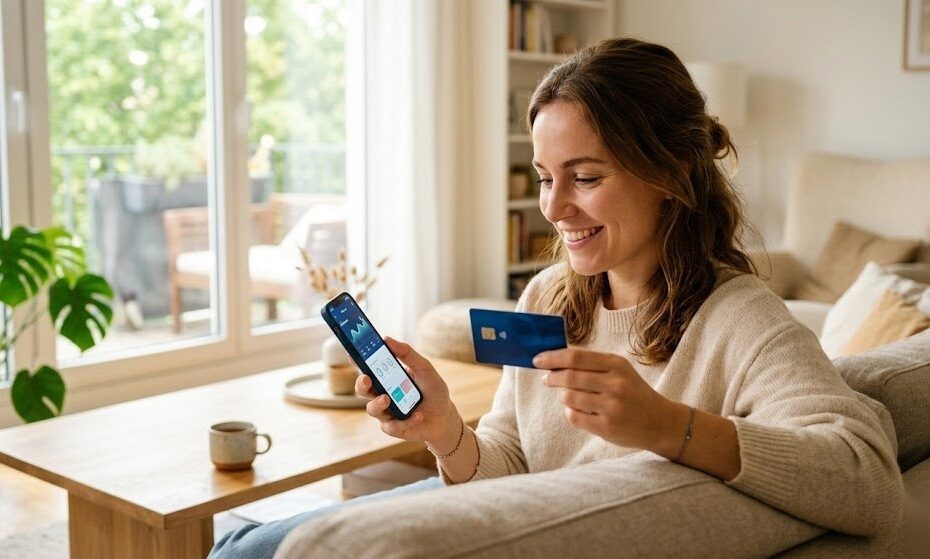 Person hält eine Bankkarte in der Hand und verwaltet ihr Girokonto in Deutschland per Smartphone-App