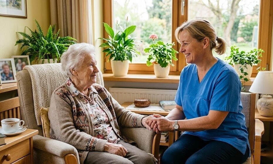 Pflegerin hält die Hand einer älteren Person als Symbol für die Bedeutung der Pflegeversicherung in Deutschland