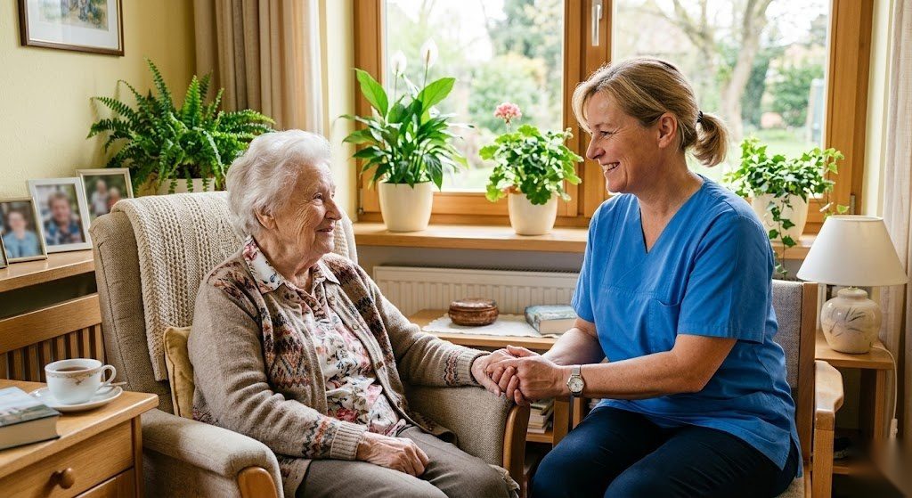 Pflegerin hält die Hand einer älteren Person als Symbol für die Bedeutung der Pflegeversicherung in Deutschland