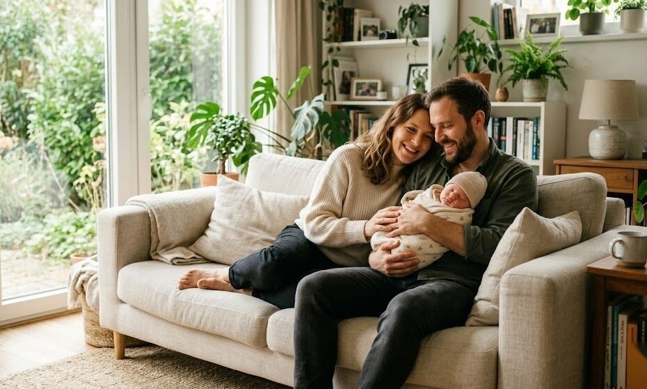 Junges Elternpaar hält ihr neugeborenes Baby im Arm zu Hause als Symbol für das Elterngeld in Deutschland