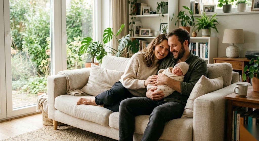 Junges Elternpaar hält ihr neugeborenes Baby im Arm zu Hause als Symbol für das Elterngeld in Deutschland