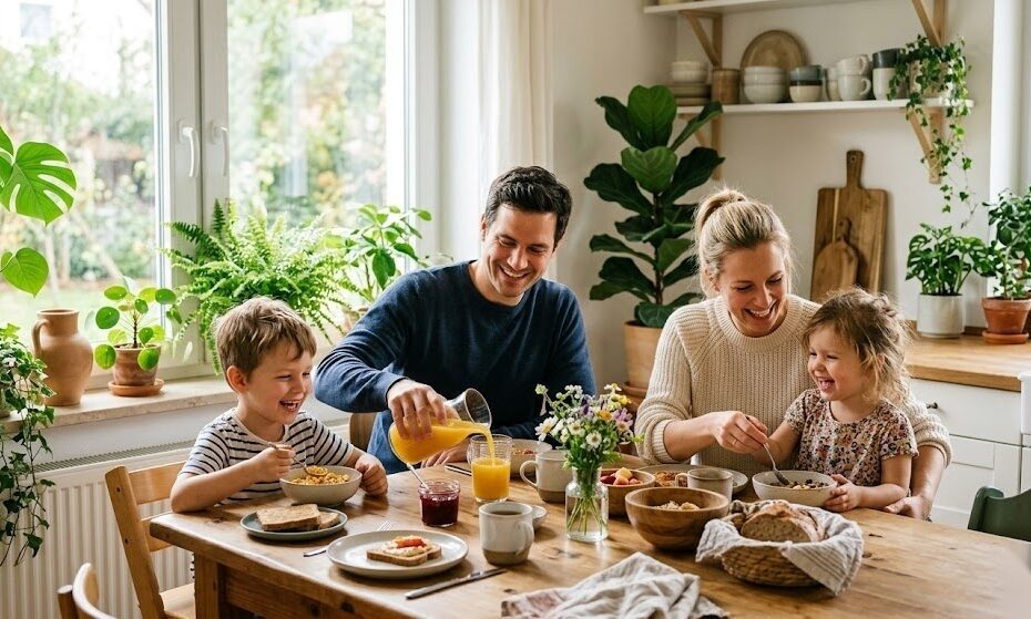 Glückliche Familie mit Kindern beim Frühstück als Symbol für das Kindergeld in Deutschland