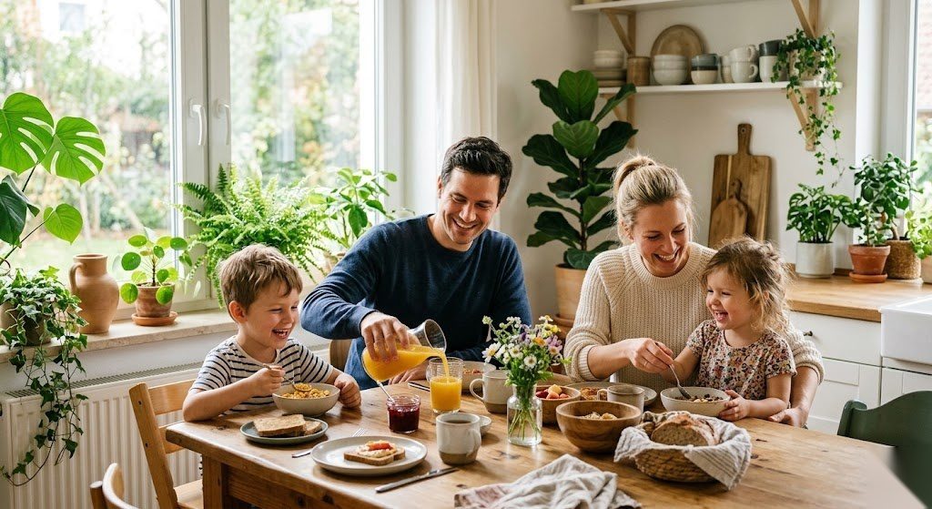Glückliche Familie mit Kindern beim Frühstück als Symbol für das Kindergeld in Deutschland