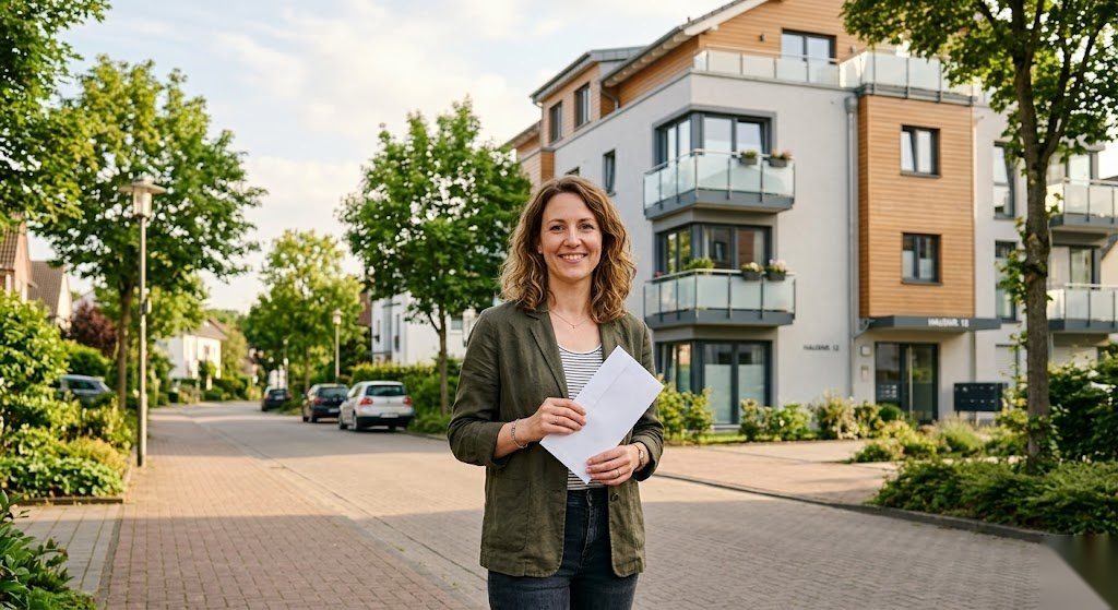 Person steht vor einem Wohnhaus in Deutschland und hält einen Briefumschlag als Symbol für den Wohngeldantrag und den staatlichen Mietzuschuss