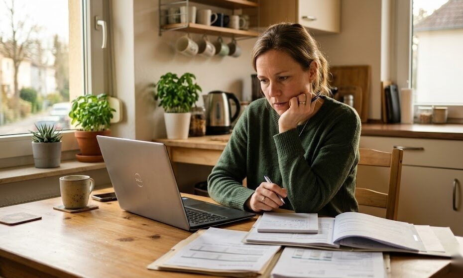 Person sitzt an einem Tisch mit Dokumenten und informiert sich über das Bürgergeld in Deutschland