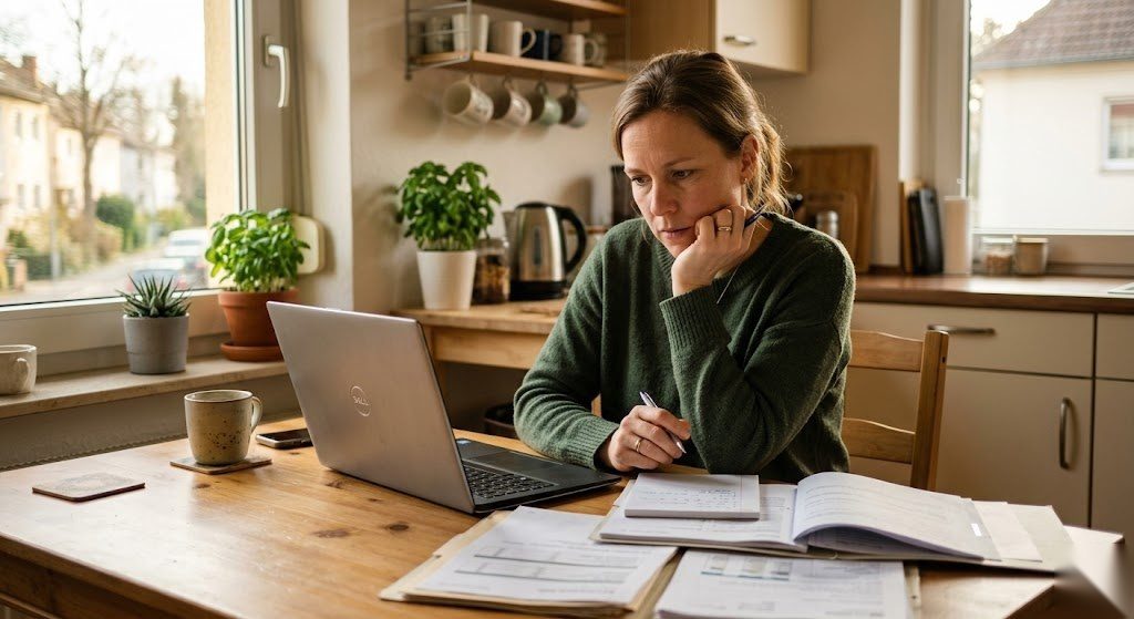 Person sitzt an einem Tisch mit Dokumenten und informiert sich über das Bürgergeld in Deutschland