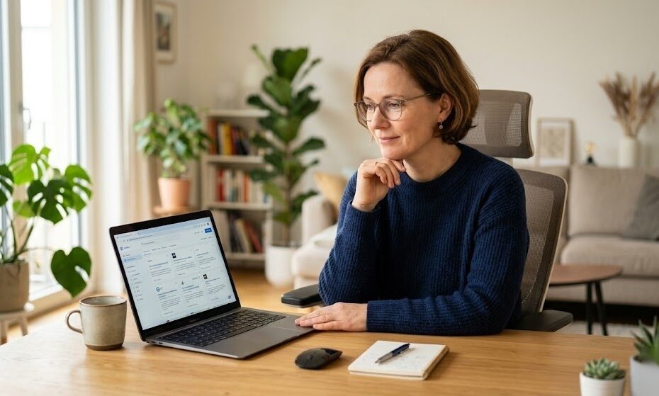 Person sucht nach einem neuen Job am Laptop und informiert sich über das Arbeitslosengeld I in Deutschland