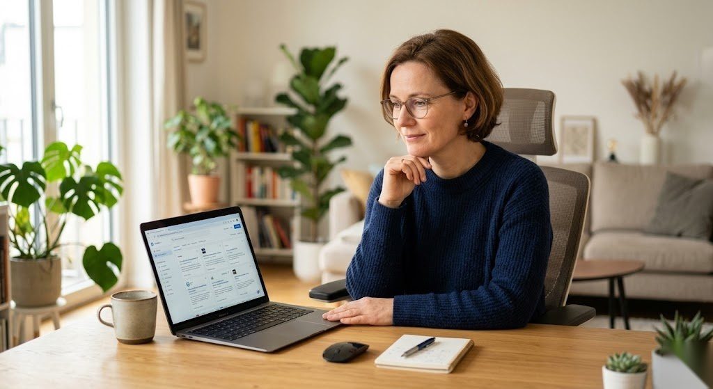 Person sucht nach einem neuen Job am Laptop und informiert sich über das Arbeitslosengeld I in Deutschland