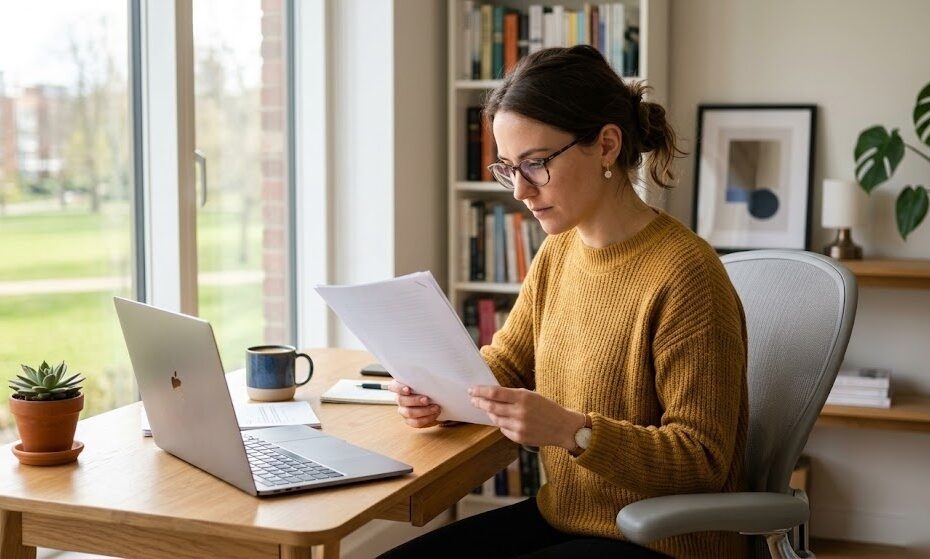 Person liest ihre SCHUFA-Auskunft und überprüft ihren Bonitätsscore in Deutschland