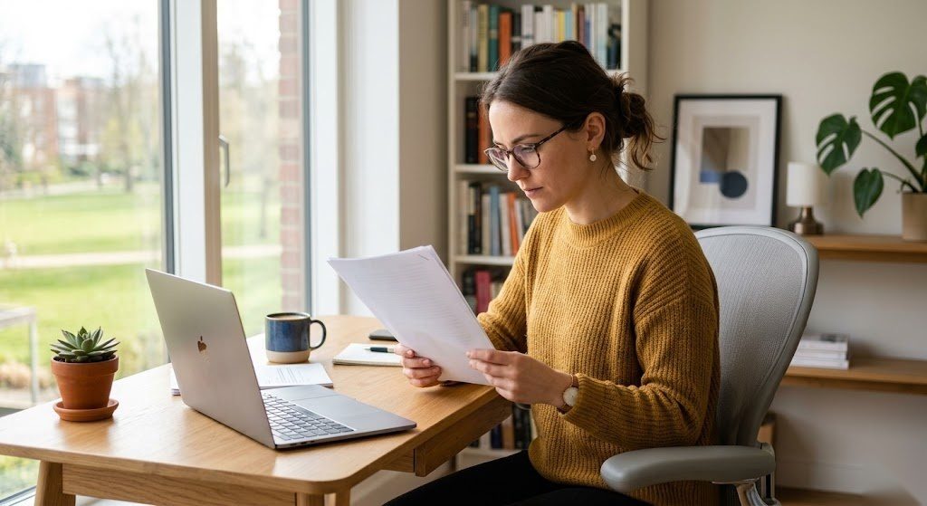 Person liest ihre SCHUFA-Auskunft und überprüft ihren Bonitätsscore in Deutschland