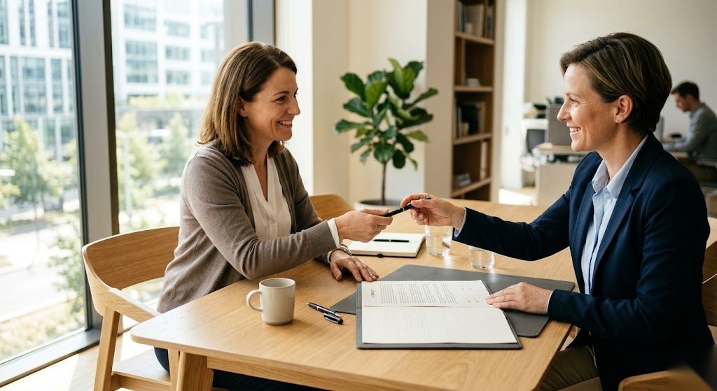 Zwei Personen unterzeichnen einen Mietvertrag in Deutschland als Symbol für den Abschluss eines Mietverhältnisses