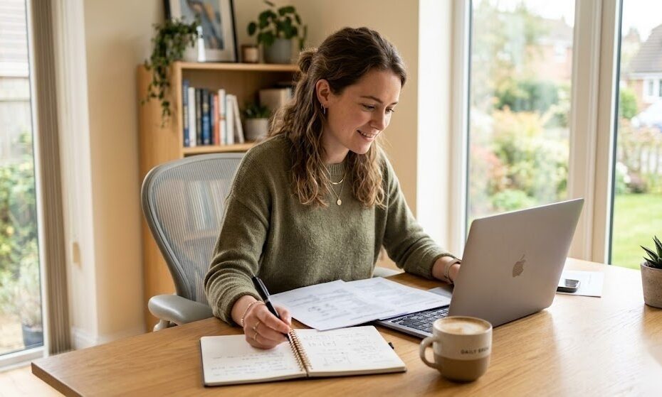 Person füllt ihre Steuererklärung in Deutschland am Laptop aus und bereitet alle notwendigen Unterlagen vor