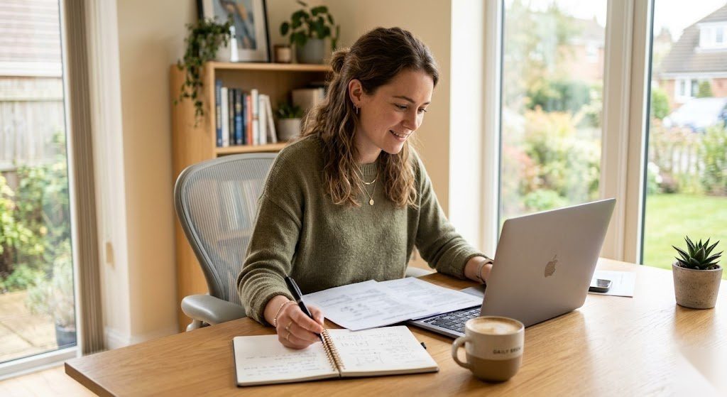 Person füllt ihre Steuererklärung in Deutschland am Laptop aus und bereitet alle notwendigen Unterlagen vor