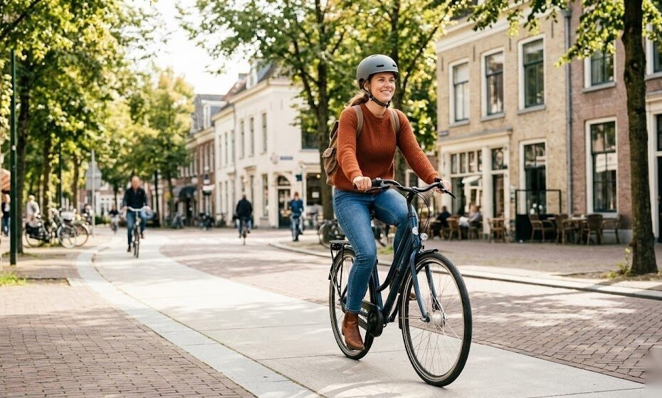 Person fährt sicher Fahrrad mit Helm als Symbol für aktiven Unfallschutz und private Unfallversicherung in Deutschland