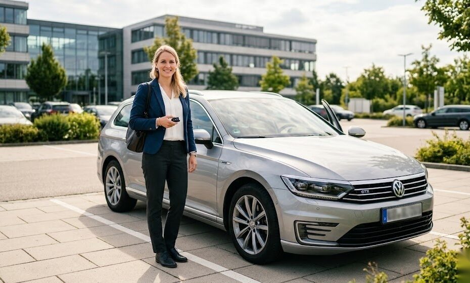 Arbeitnehmer steht neben seinem Firmenwagen auf dem Firmenparkplatz in Deutschland