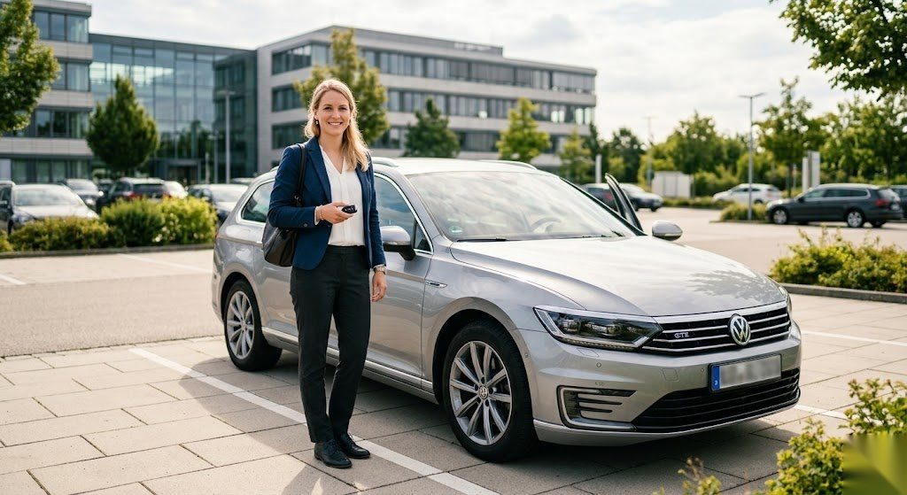Arbeitnehmer steht neben seinem Firmenwagen auf dem Firmenparkplatz in Deutschland