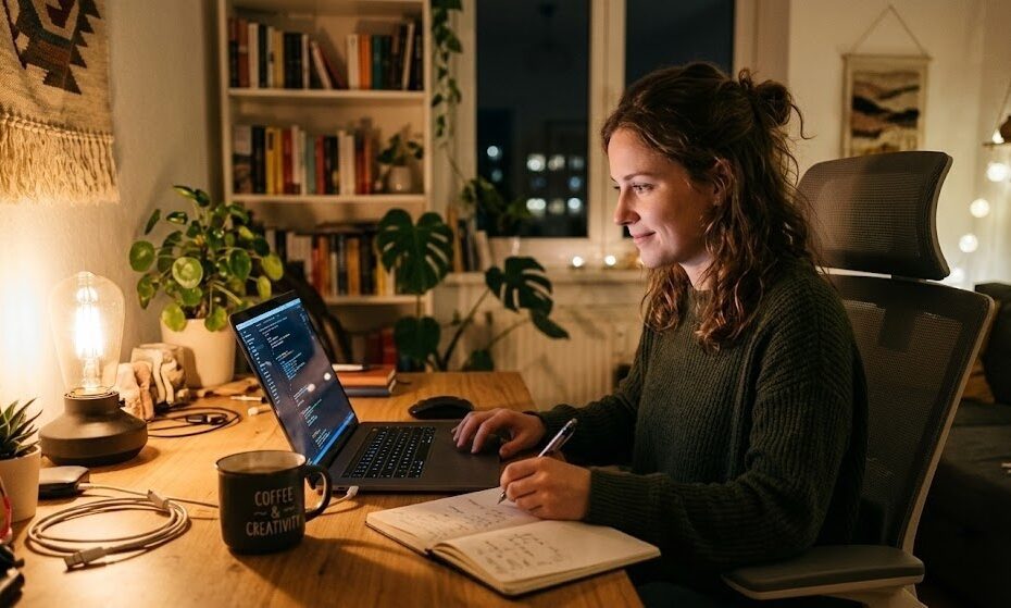 Person arbeitet abends an einem Nebenjob am Laptop zu Hause in Deutschland