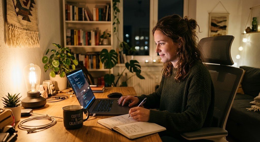 Person arbeitet abends an einem Nebenjob am Laptop zu Hause in Deutschland