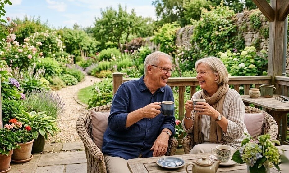 Älteres Paar genießt den frühen Ruhestand auf der Terrasse als Symbol für den frühzeitigen Renteneintritt in Deutschland
