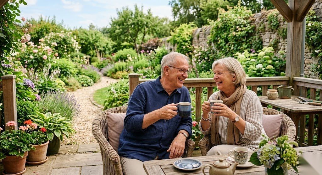 Älteres Paar genießt den frühen Ruhestand auf der Terrasse als Symbol für den frühzeitigen Renteneintritt in Deutschland