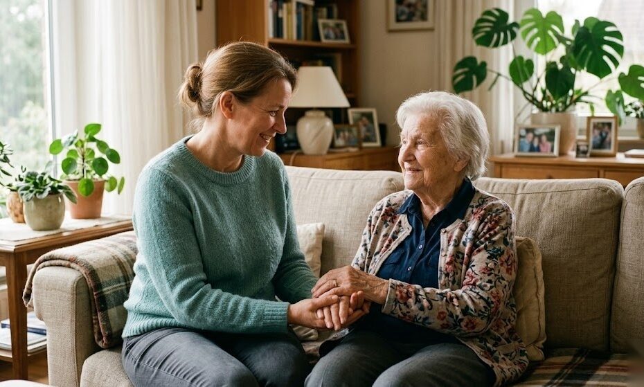 Pflegende Tochter hält die Hände ihrer älteren Mutter zu Hause als Symbol für die häusliche Pflege und das Pflegegeld in Deutschland