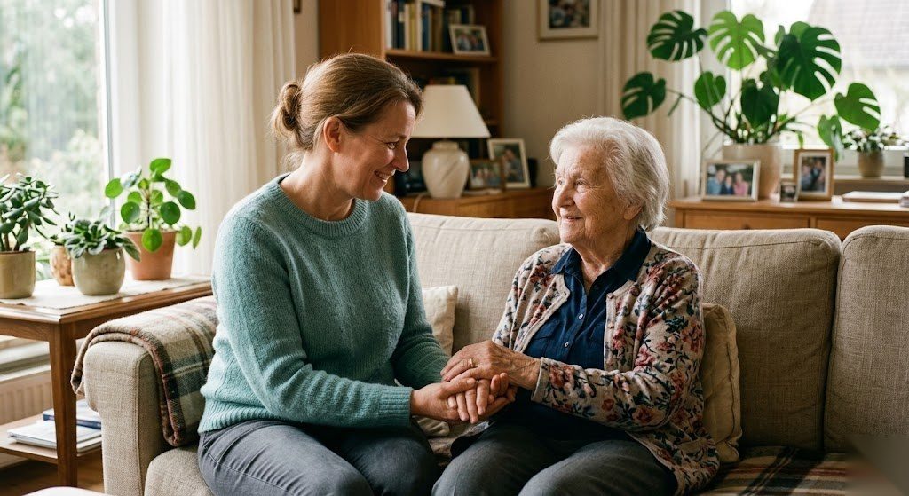 Pflegende Tochter hält die Hände ihrer älteren Mutter zu Hause als Symbol für die häusliche Pflege und das Pflegegeld in Deutschland