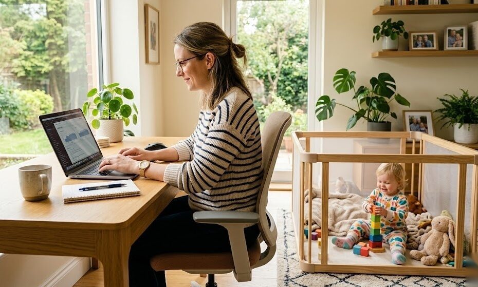 Mutter arbeitet in Elternteilzeit am Laptop während ihr Kind daneben spielt als Symbol für die Vereinbarkeit von Familie und Beruf in Deutschland
