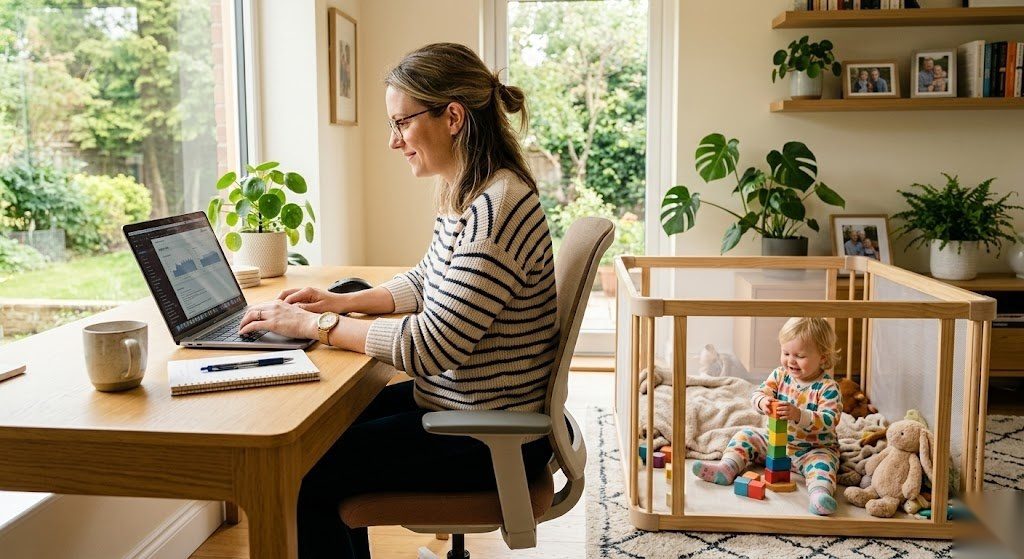 Mutter arbeitet in Elternteilzeit am Laptop während ihr Kind daneben spielt als Symbol für die Vereinbarkeit von Familie und Beruf in Deutschland