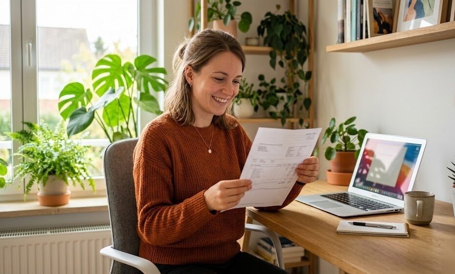 Person schaut auf ihre Gehaltsabrechnung und plant die vermögenswirksamen Leistungen als zusätzlichen Vermögensaufbau in Deutschland