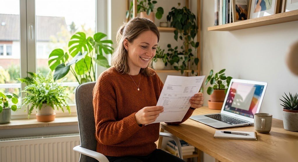 Person schaut auf ihre Gehaltsabrechnung und plant die vermögenswirksamen Leistungen als zusätzlichen Vermögensaufbau in Deutschland