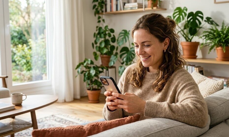 Person nutzt ihr Smartphone mit einem deutschen Mobilfunkvertrag in einem modernen Wohnzimmer