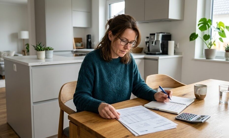 Person liest ihre Nebenkostenabrechnung am Küchentisch in Deutschland und überprüft alle Positionen